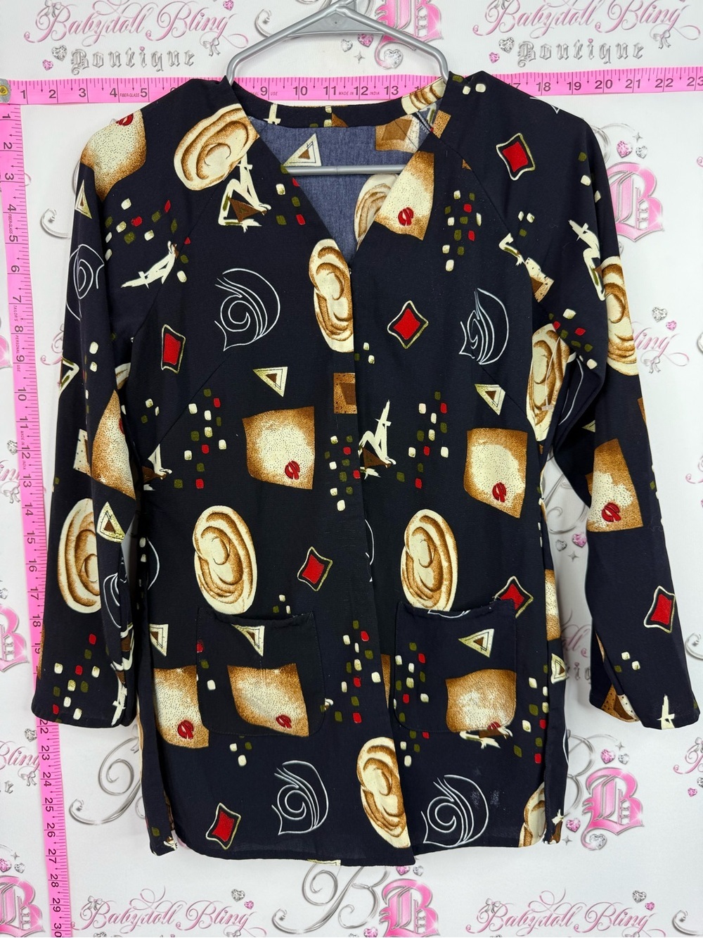 Vintage top Black Patterned Blazer Jacket with Gold & Red Accents navy